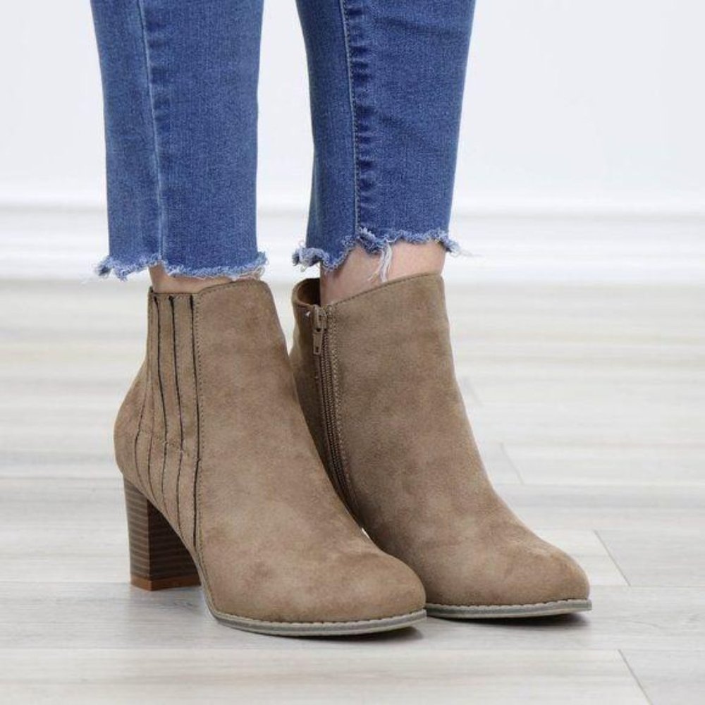 Faux Suede Bock Heel Ankle Bootie - Picture 3 of 13